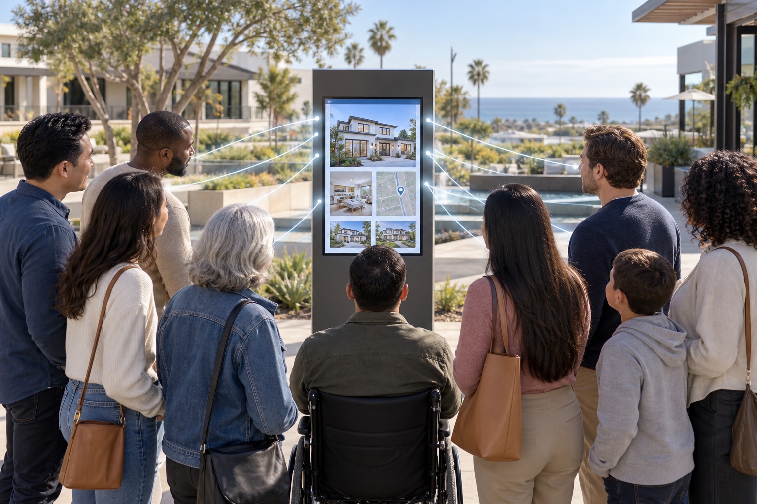 People sharing equal access to a property-information display
