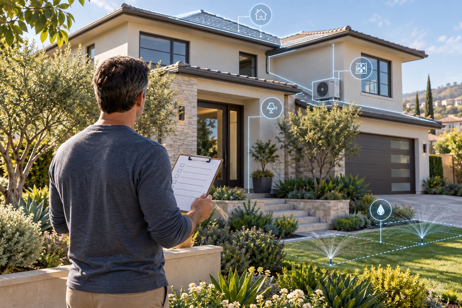 Orange County homeowner using a maintenance checklist beside a modern home