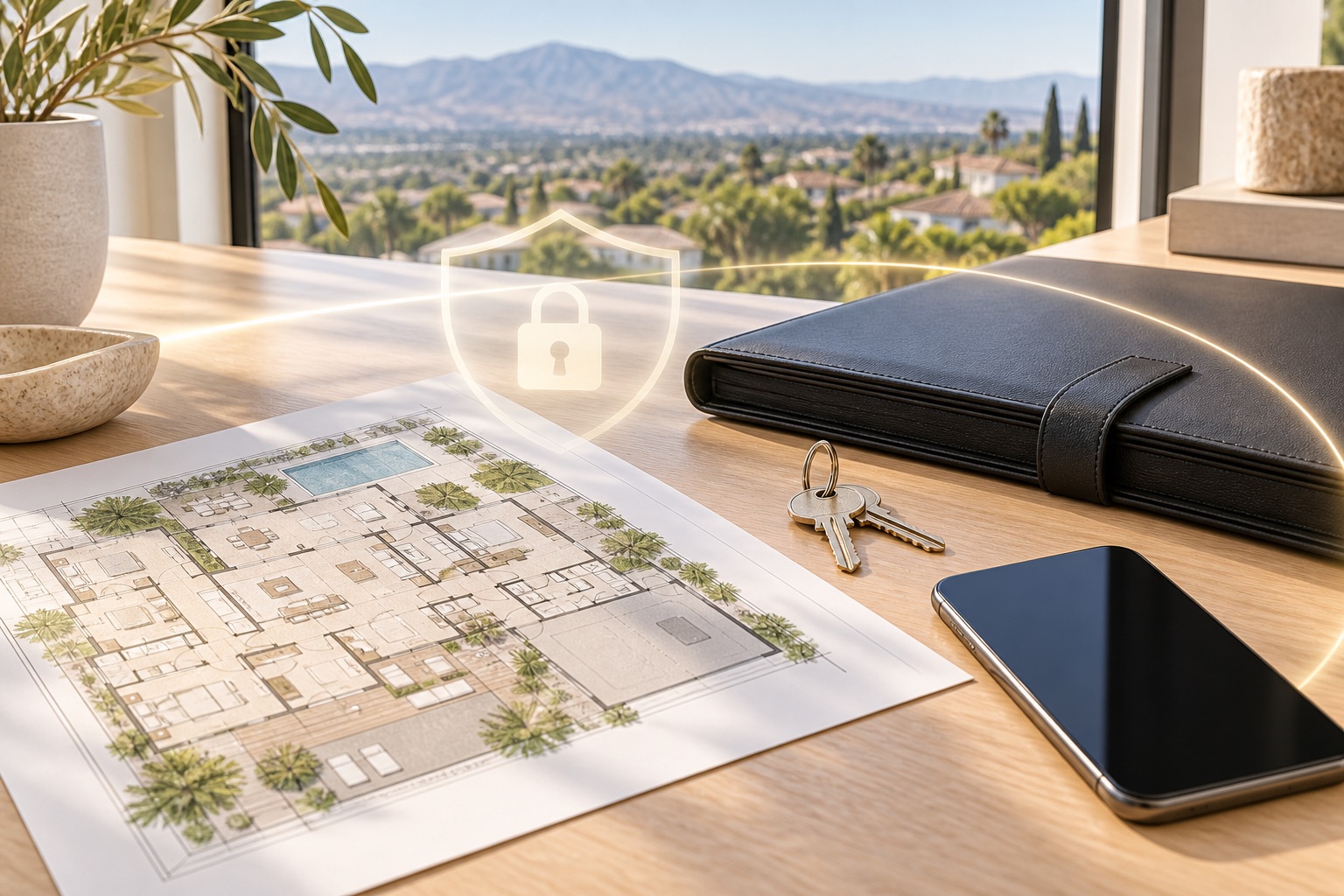 Home-search plan, keys, and a privacy shield on a desk