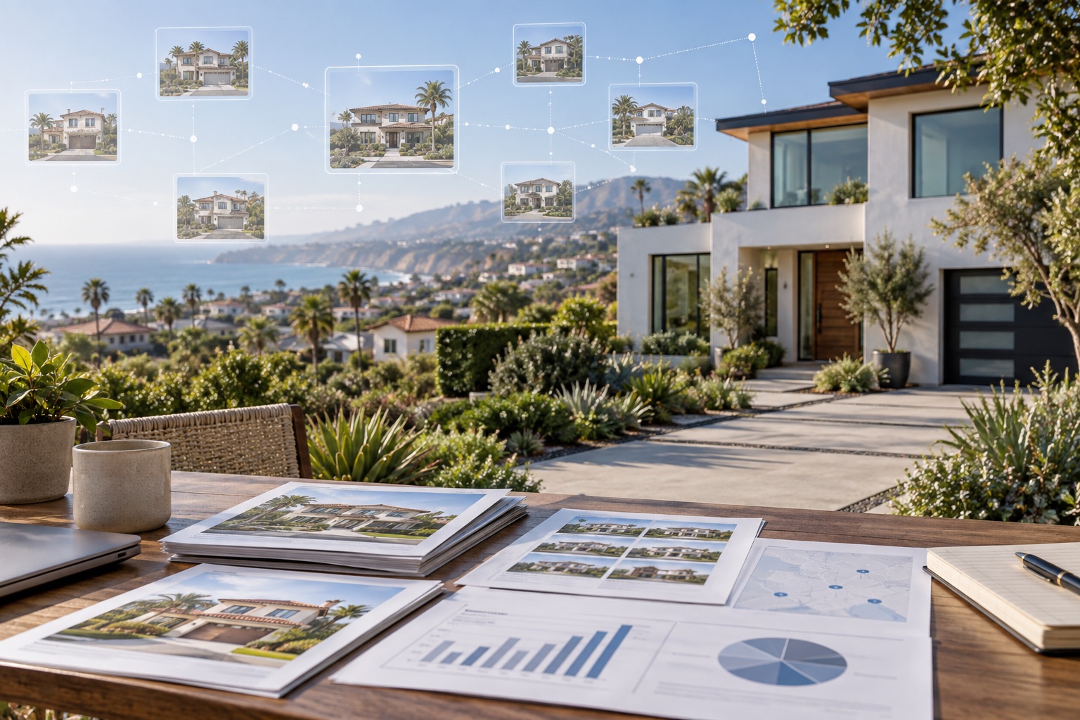 Orange County home viewed beside an abstract comparison-data visualization