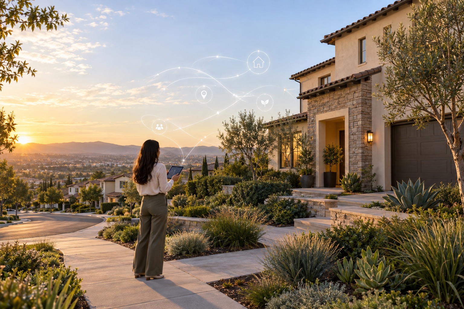 Home buyer using a tablet to compare Irvine neighborhood options