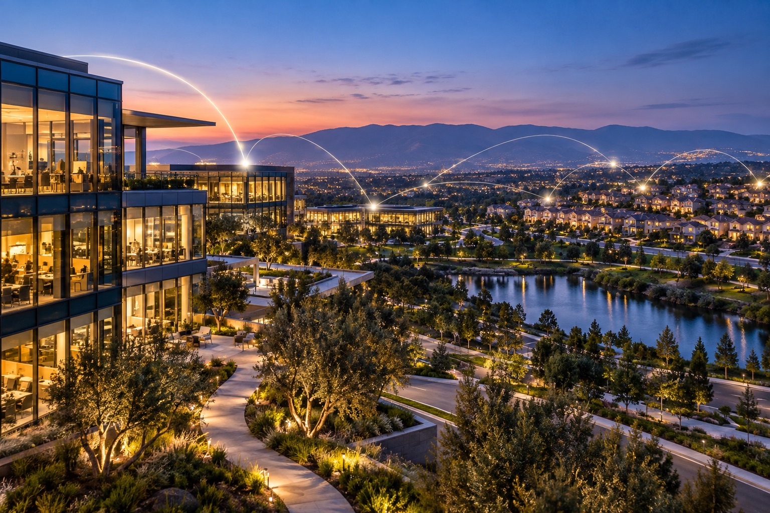 Illustrative Irvine innovation campus connected by subtle light paths to surrounding neighborhoods