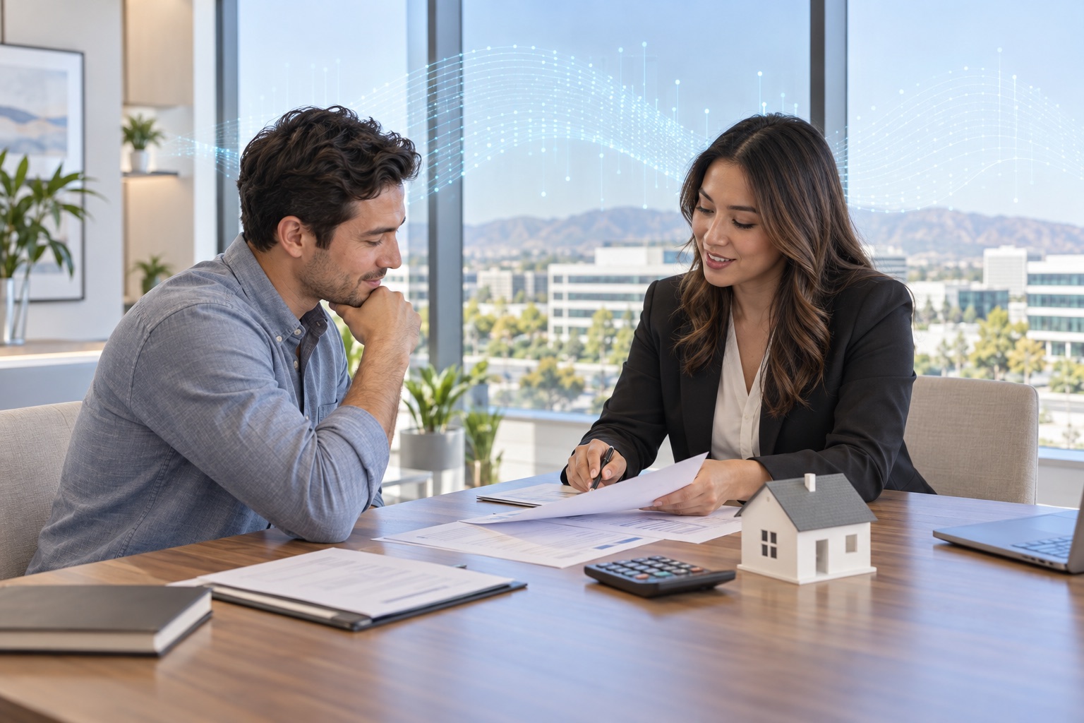 Irvine buyer and loan professional reviewing paperwork together
