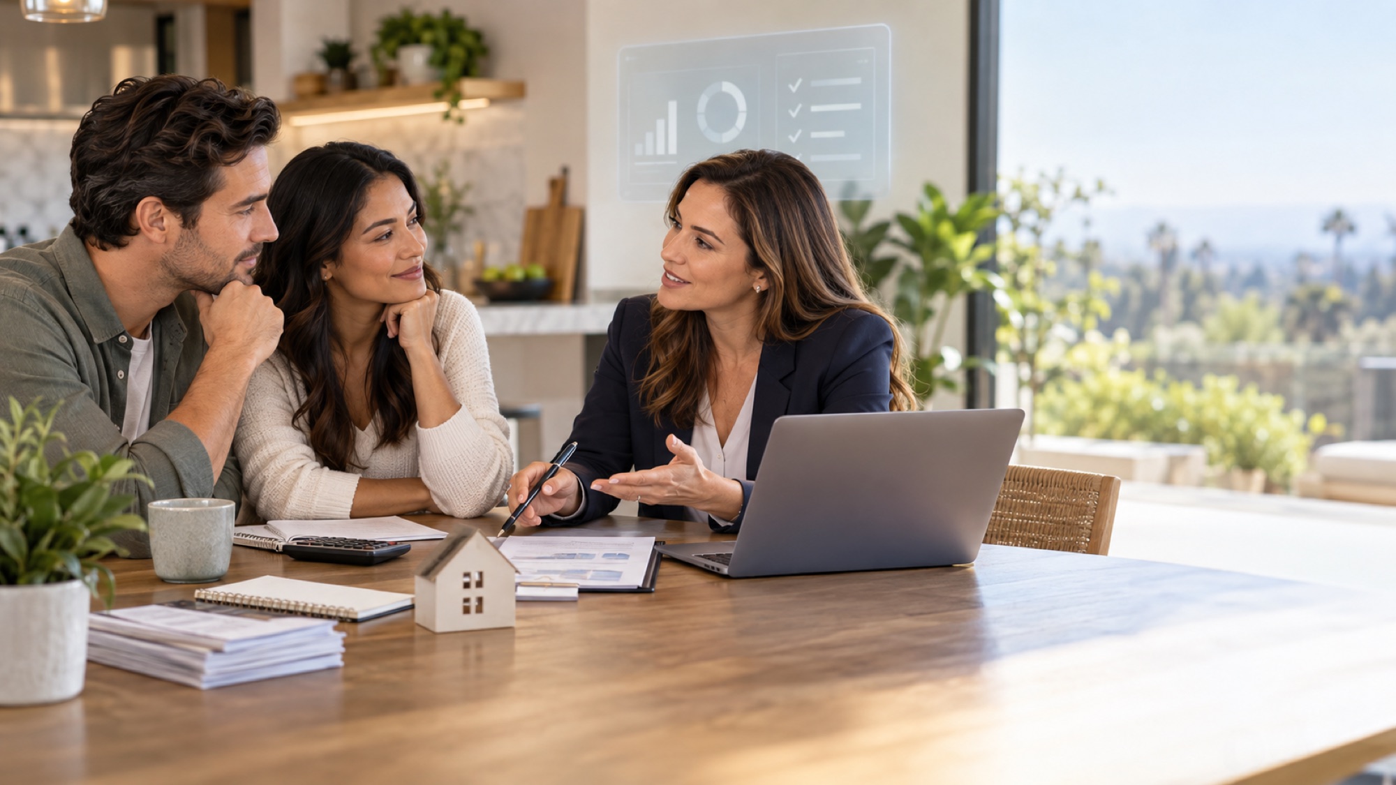Two home buyers and a real estate adviser discussing a mortgage worksheet, calculator, house model, and AI planning display at a California kitchen table