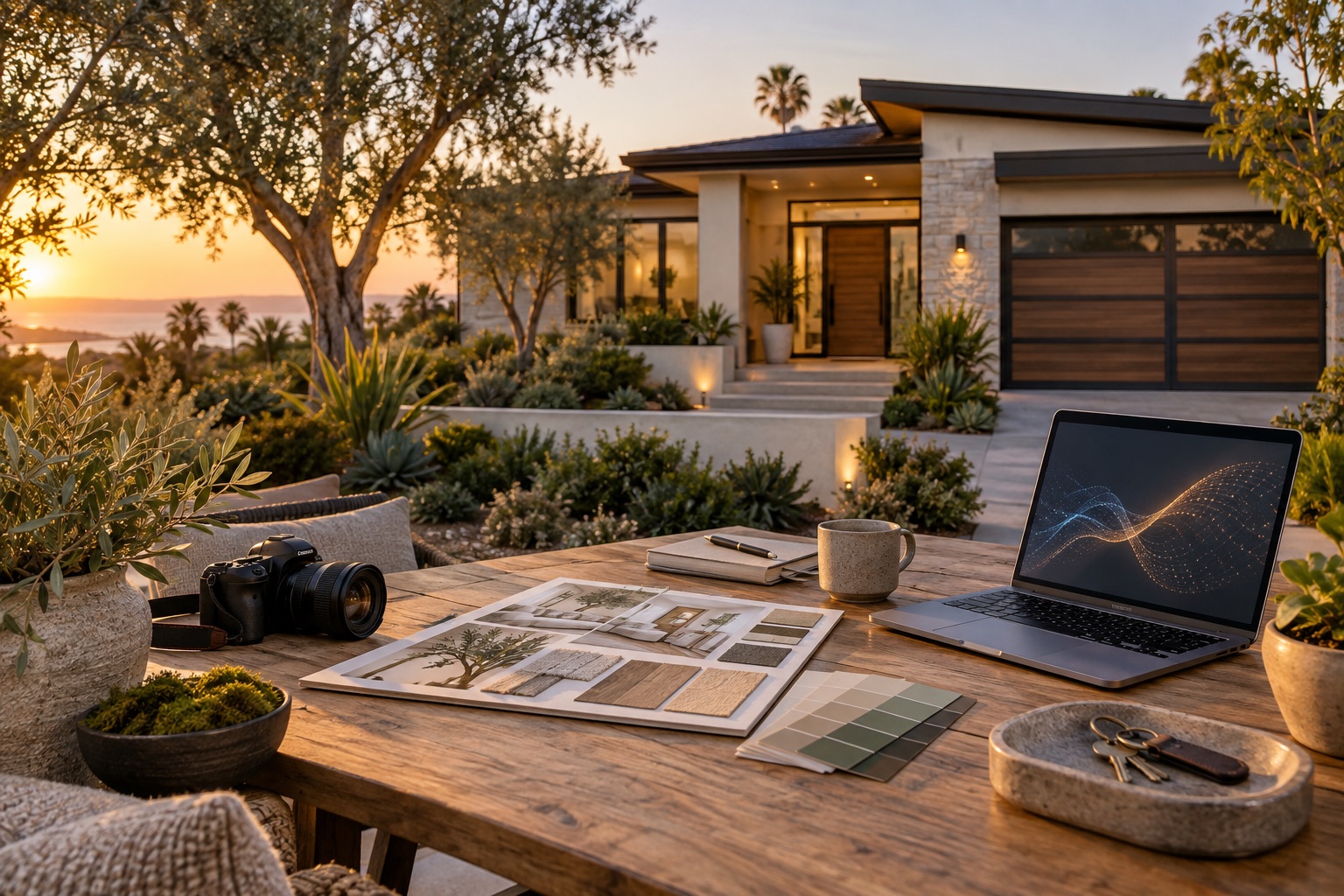 Home-selling plan on a patio table beside a contemporary Orange County home