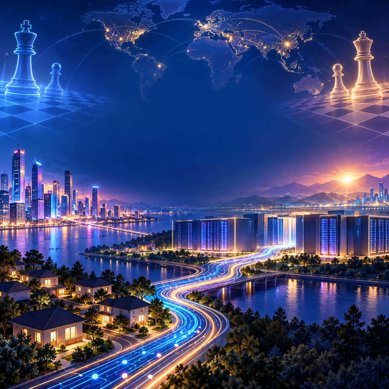Illustration of a global AI power struggle with chess pieces, connected cities, a data center, and homes