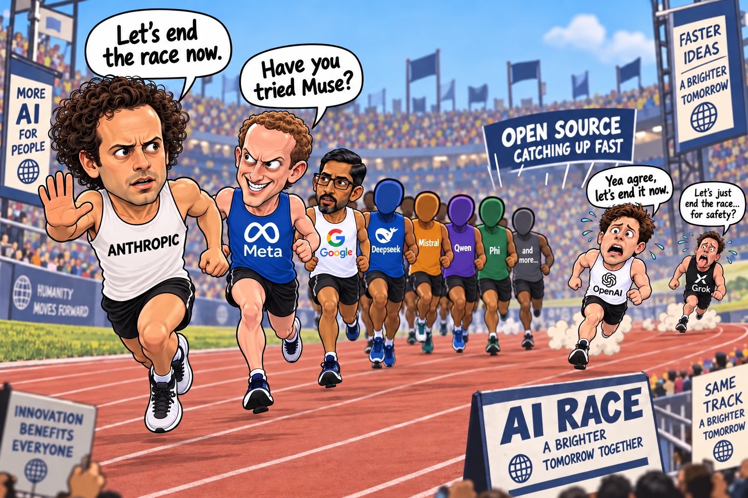 Illustrative AI race commentary graphic about the pace of artificial-intelligence development
