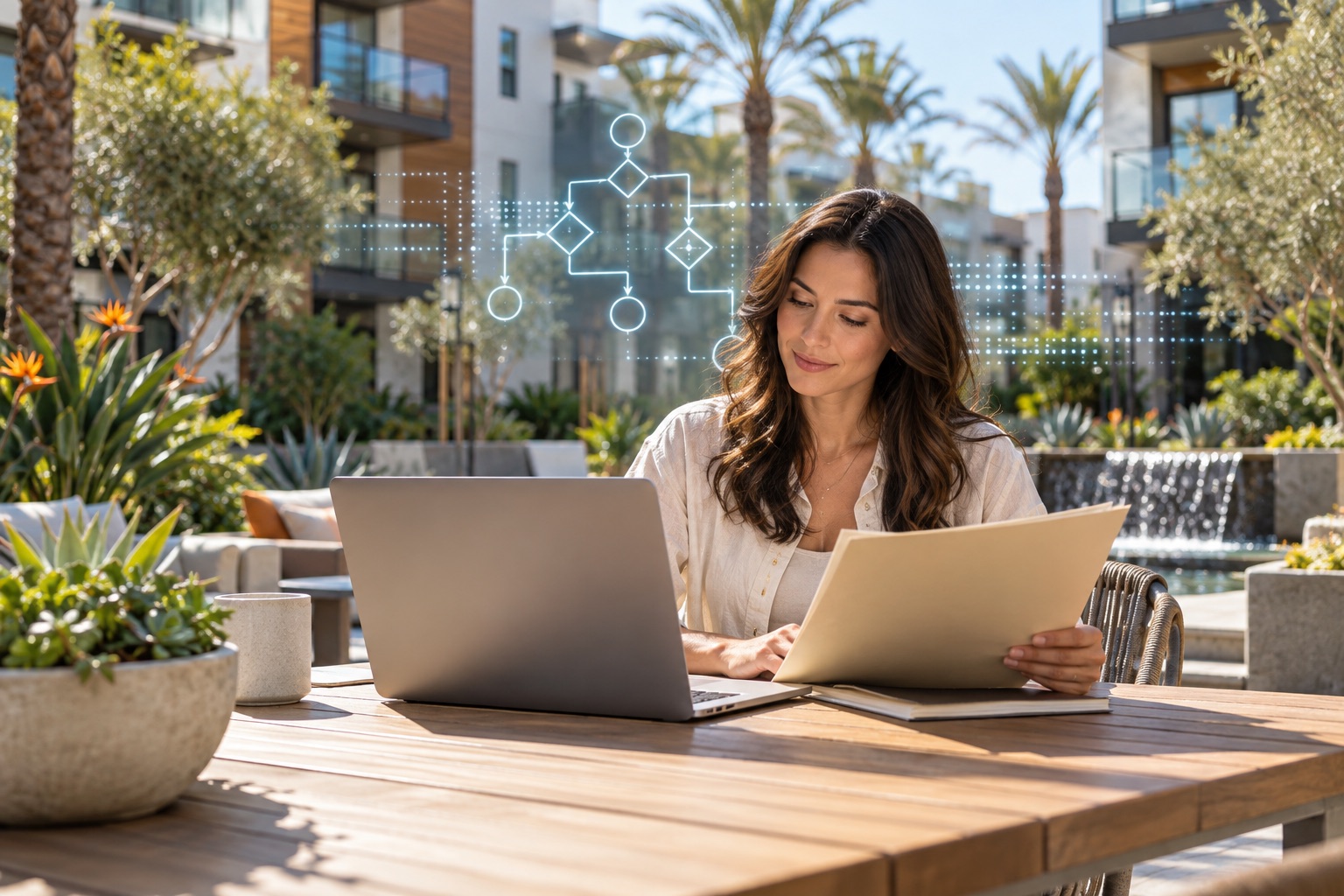 Renter reviewing a rental folder in a contemporary Orange County apartment courtyard