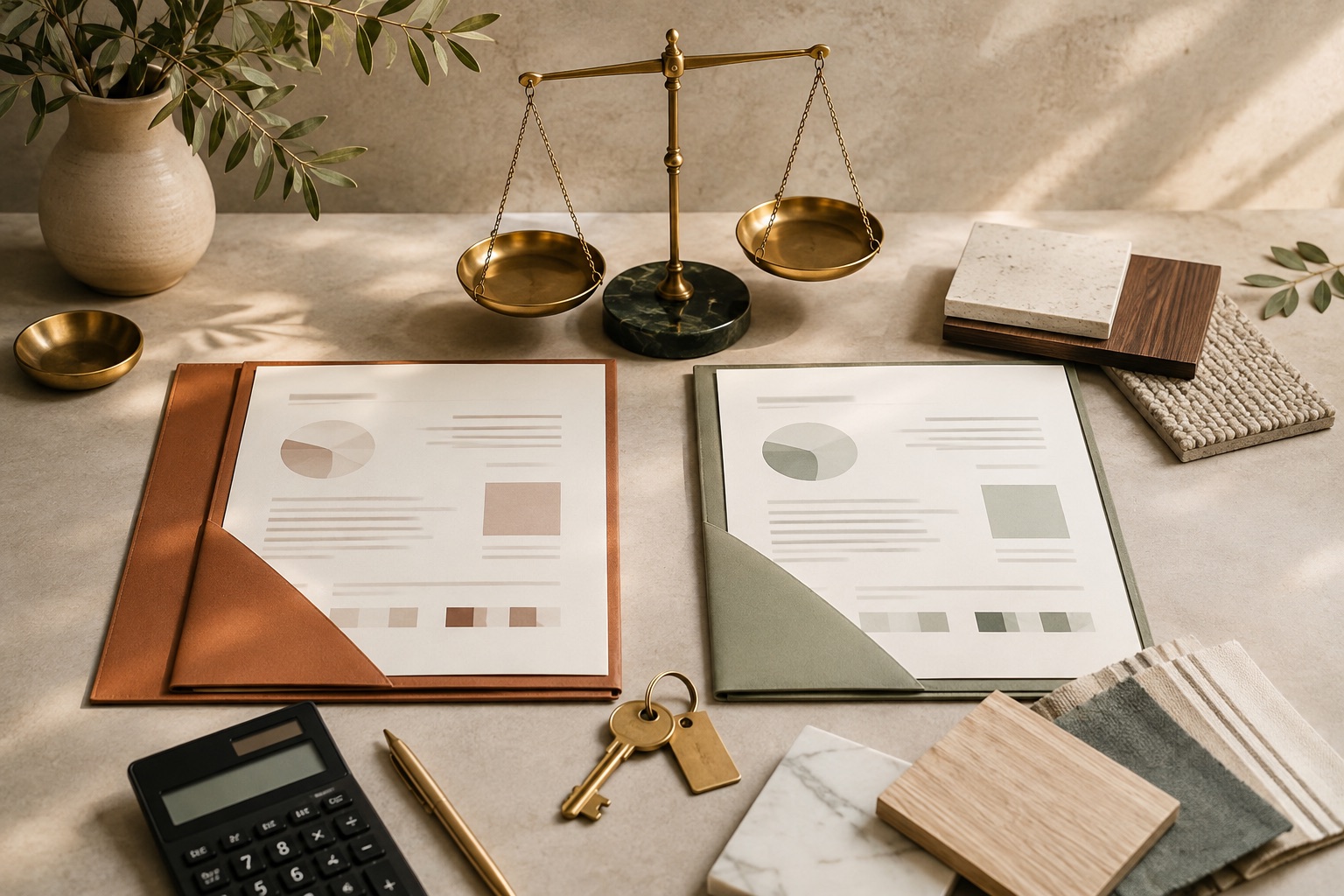 Two cost folders, calculator, keys and a balance for comparing incentives