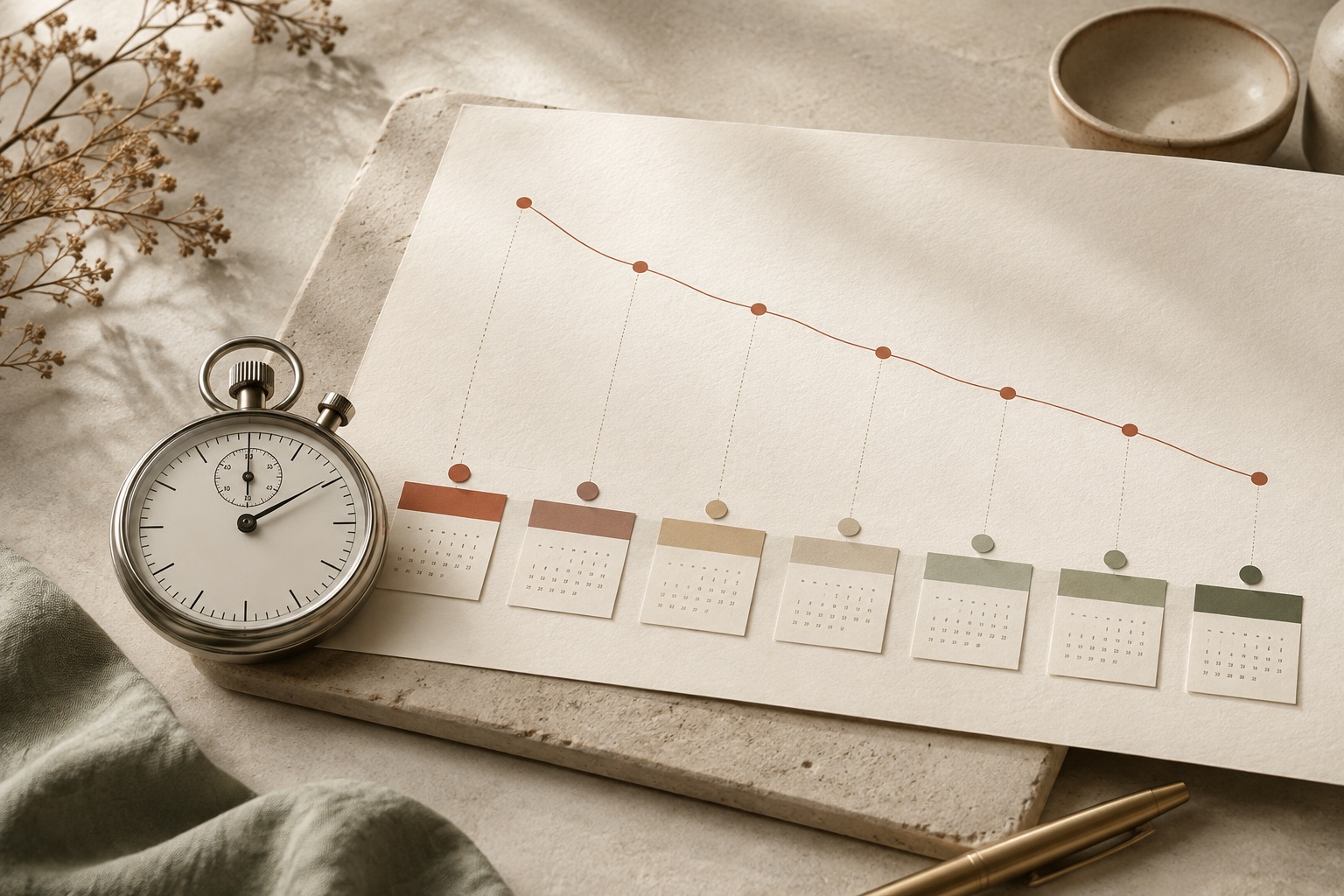 Stopwatch, calendar cards and an abstract listing timeline