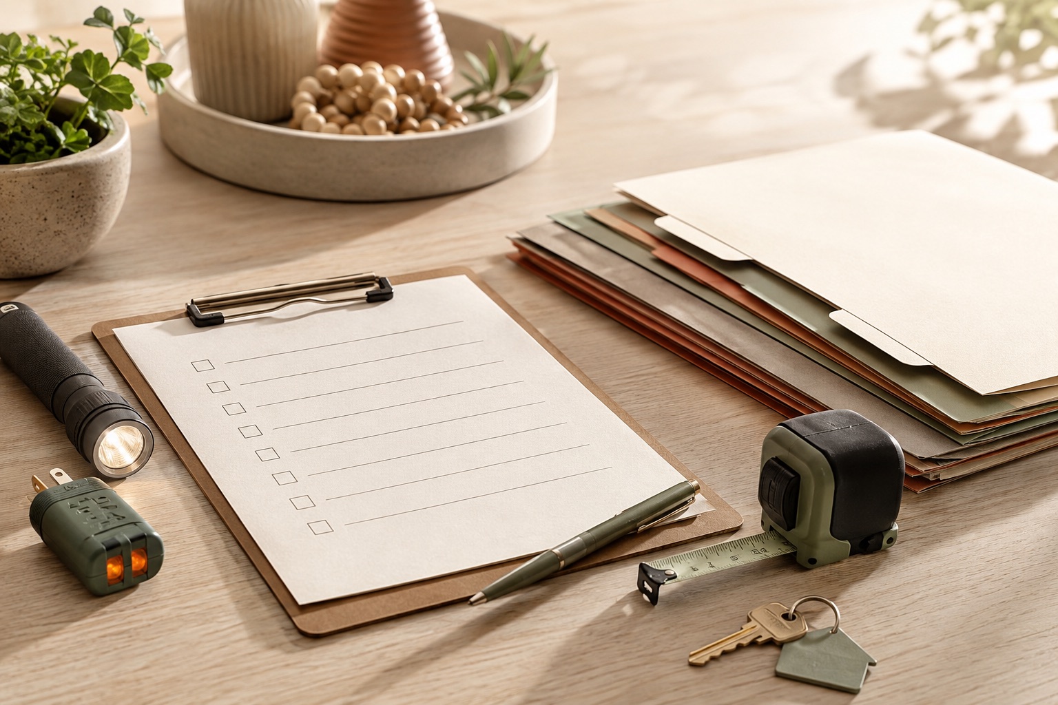 Inspection checklist, flashlight, outlet tester, measuring tape and property files