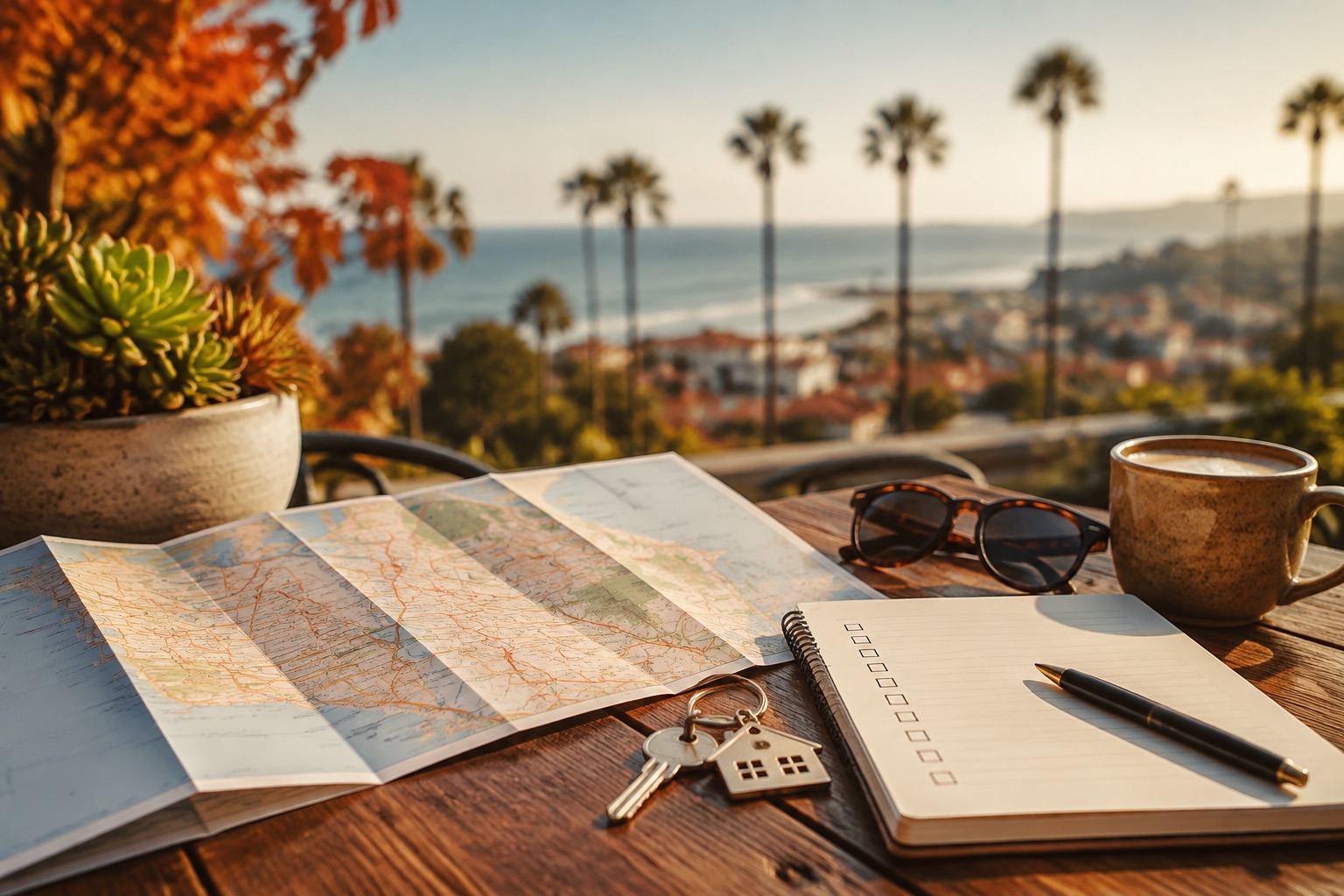 Orange County map, buyer checklist and keys overlooking the coast