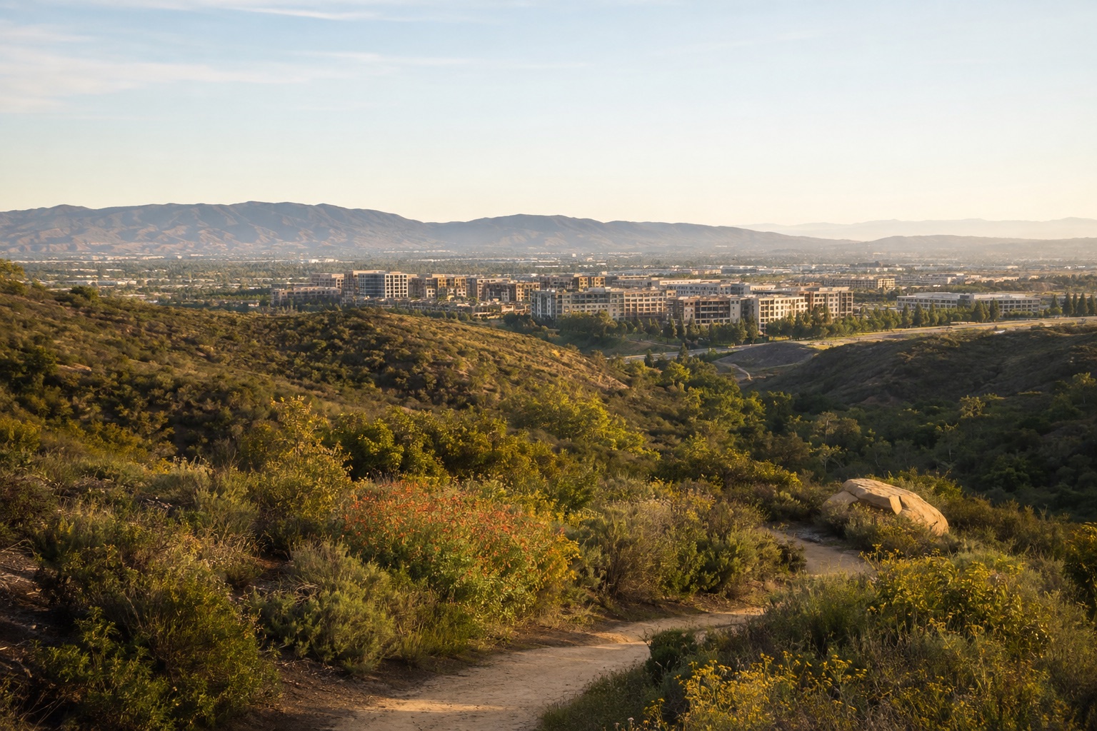 North Irvine foothill trail with a neighborhood in the distance