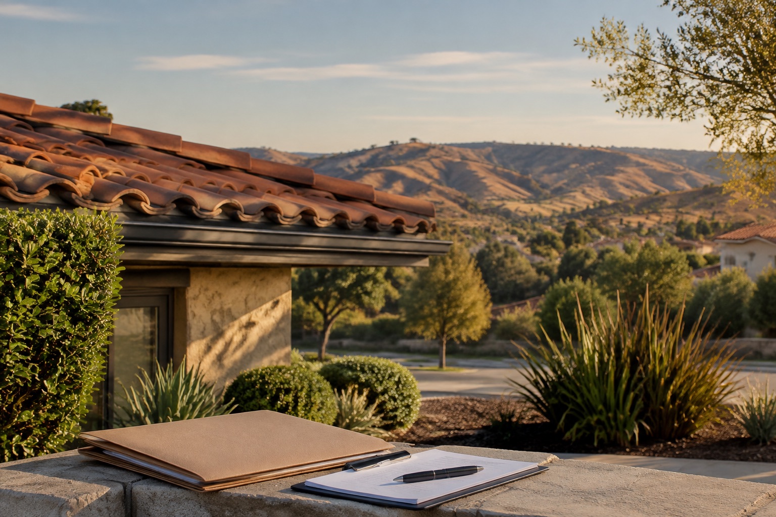 Tile roof, maintained landscaping and insurance documents near California hills
