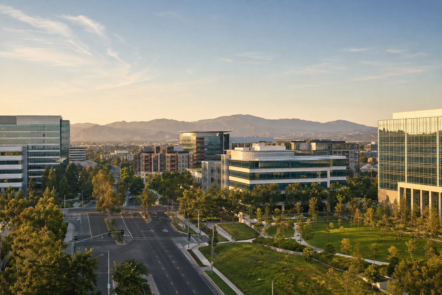 Irvine cityscape with contemporary offices, landscaped boulevards and foothills