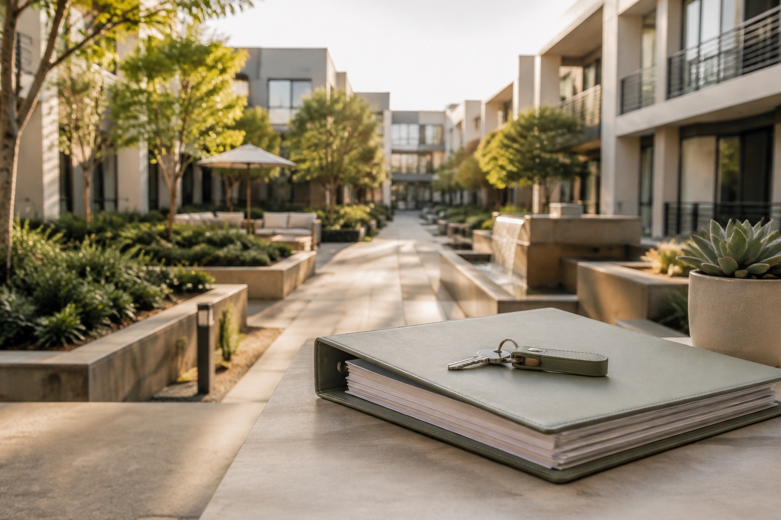 Contemporary Irvine-style condo courtyard with an HOA binder and keys