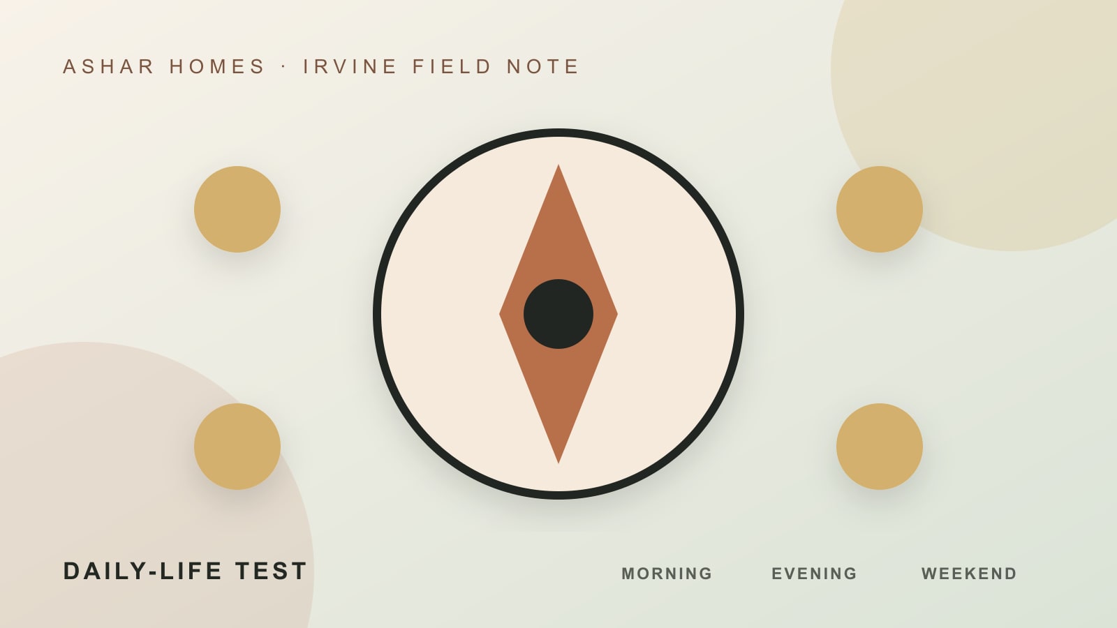 Editorial compass linking an Irvine home to commute, noise, sun, parks, internet, and parking checks