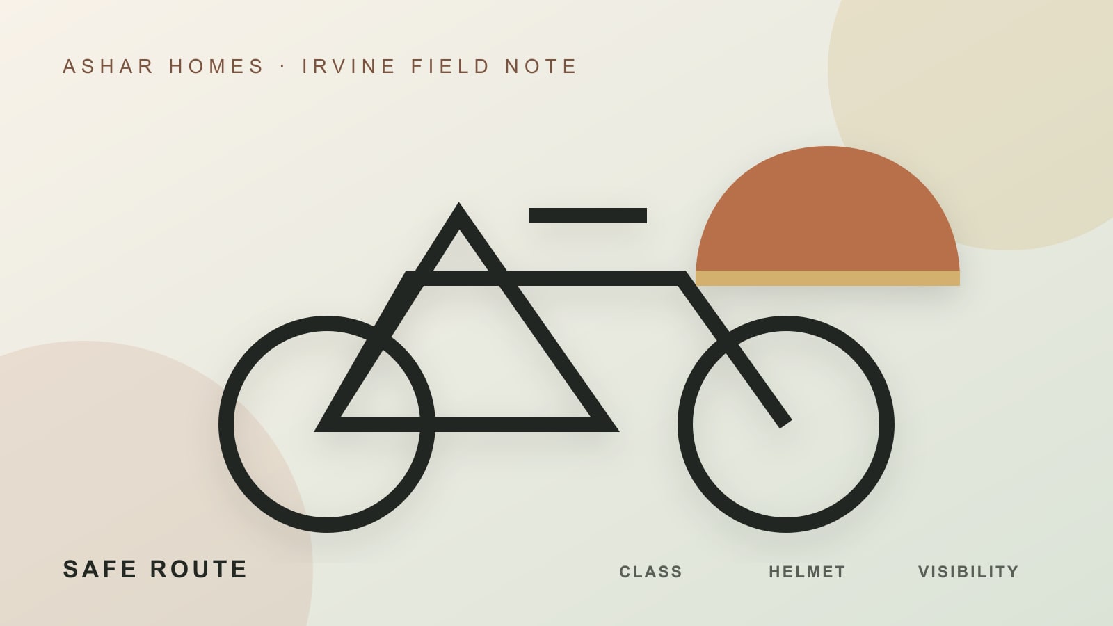 Editorial e-bike route diagram with helmet, school, intersection, and visibility markers