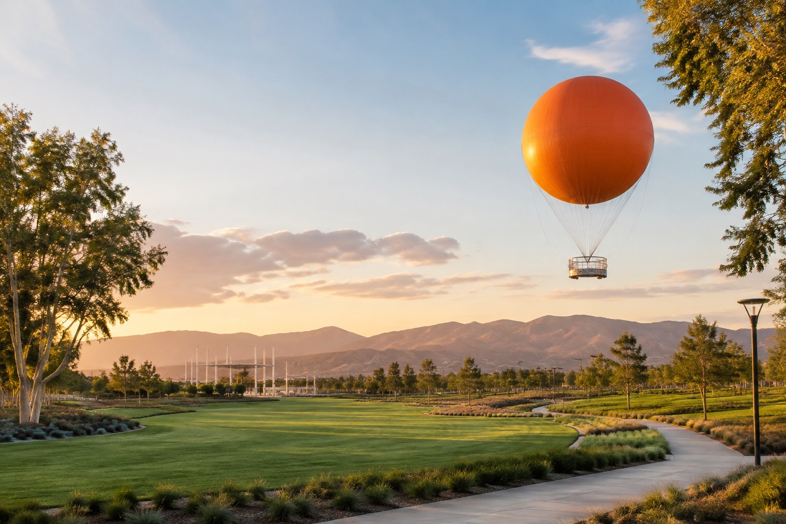 Orange tethered balloon above green lawns and paths at Great Park