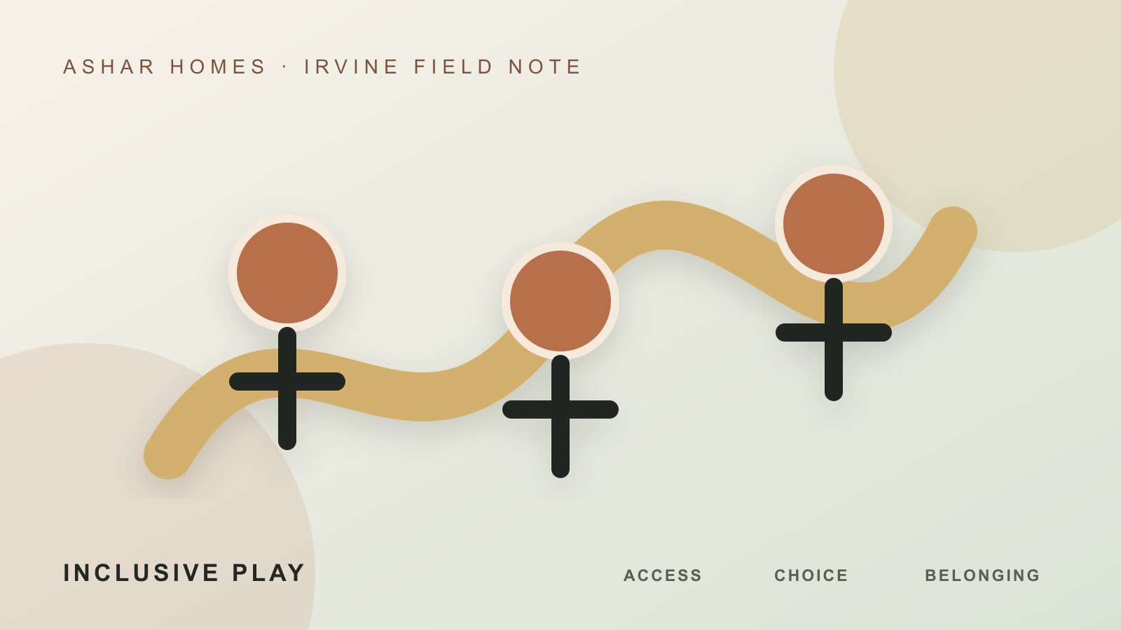 Editorial illustration of inclusive recreation paths, activity circles, and an access information point