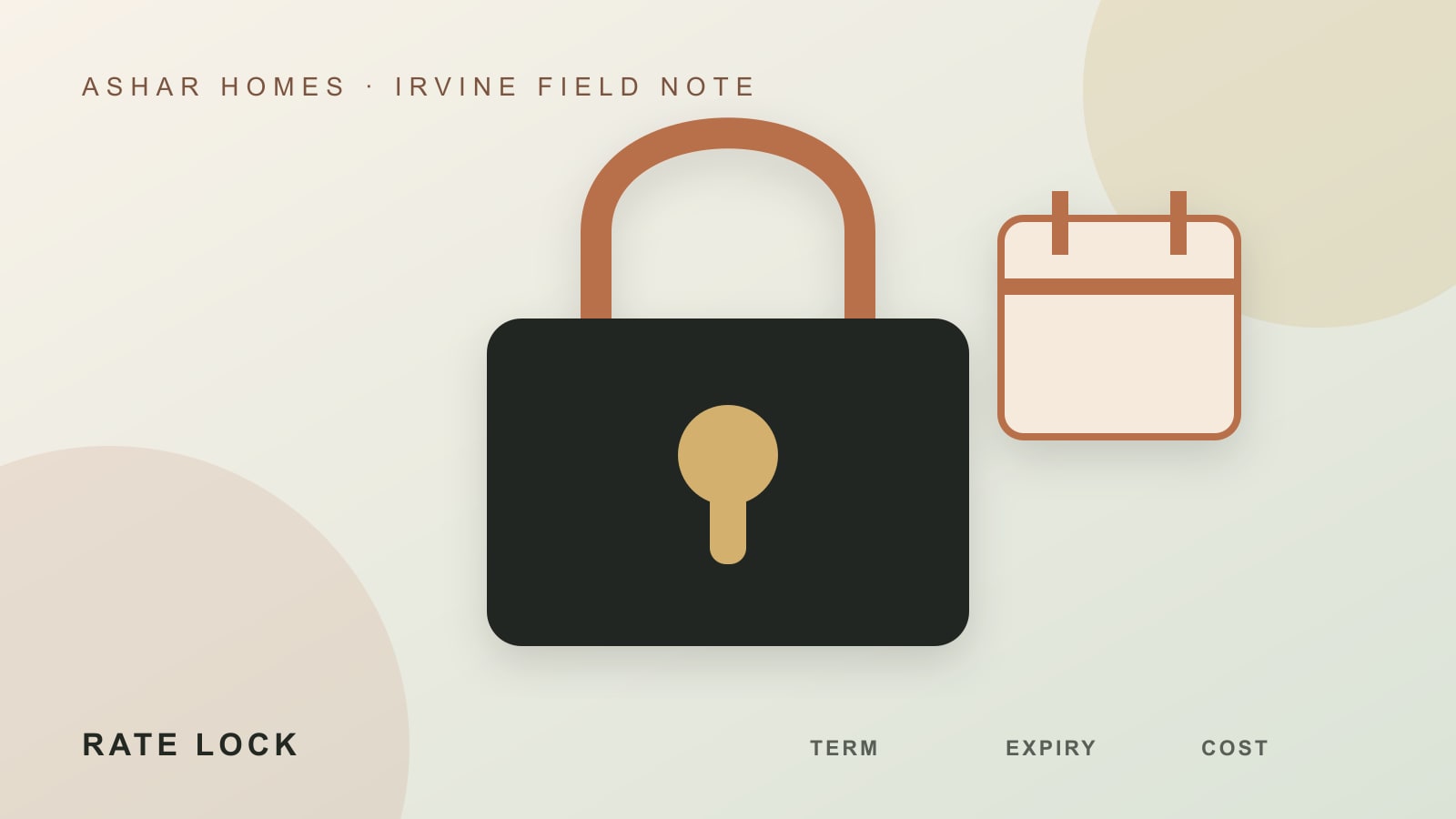 Editorial illustration of a mortgage rate lock, calendar, and loan comparison sheet