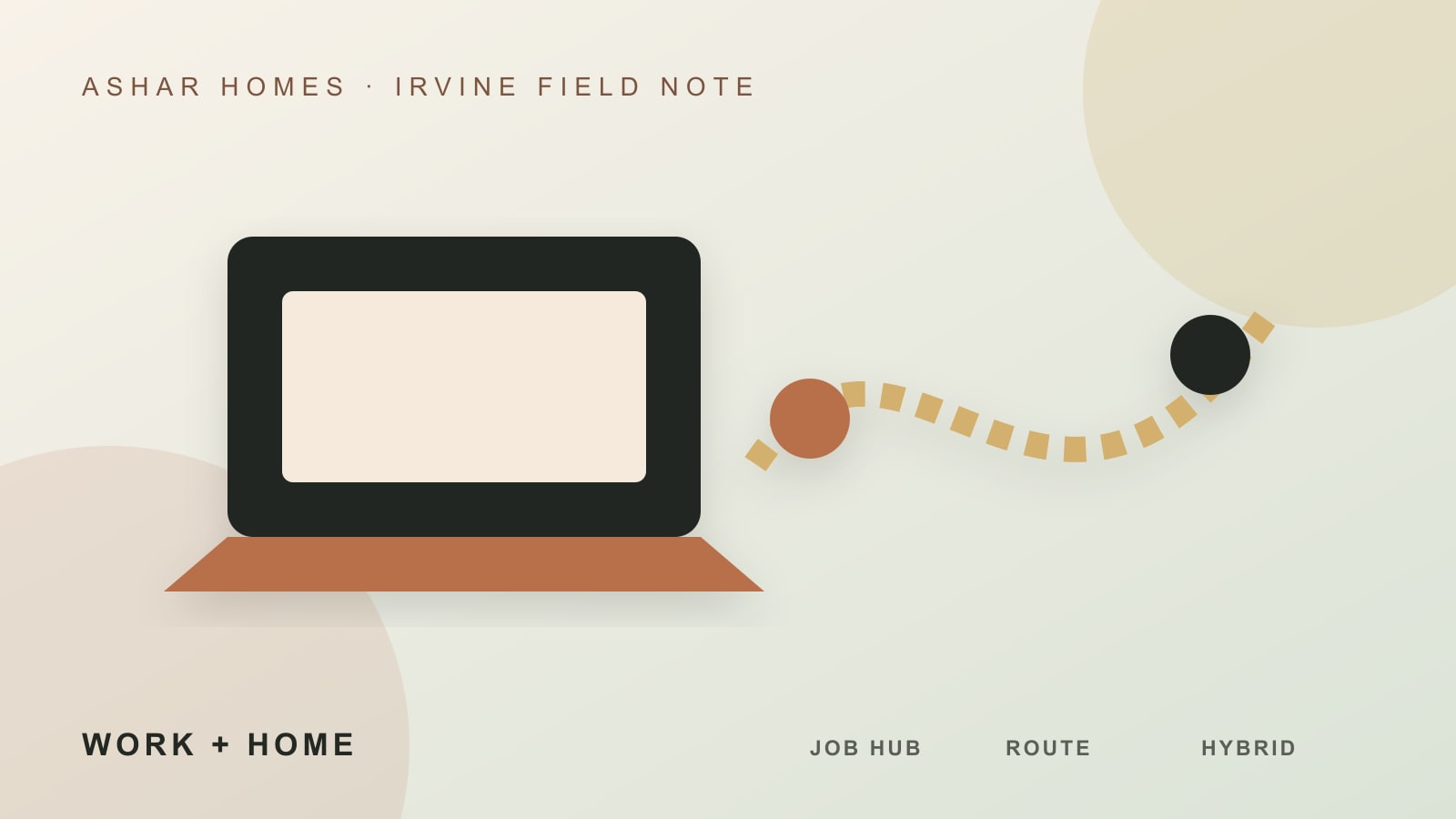 Editorial Irvine work and home map with technology hub, train, road, and hybrid-work symbols
