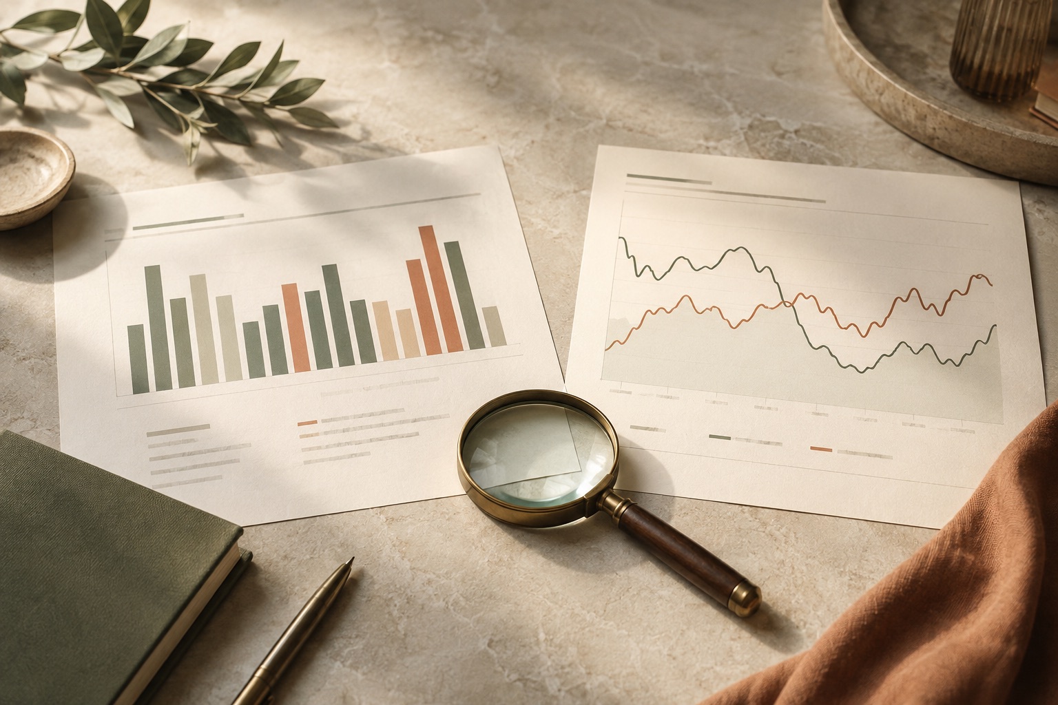 Two housing reports with different charts beside a magnifying glass