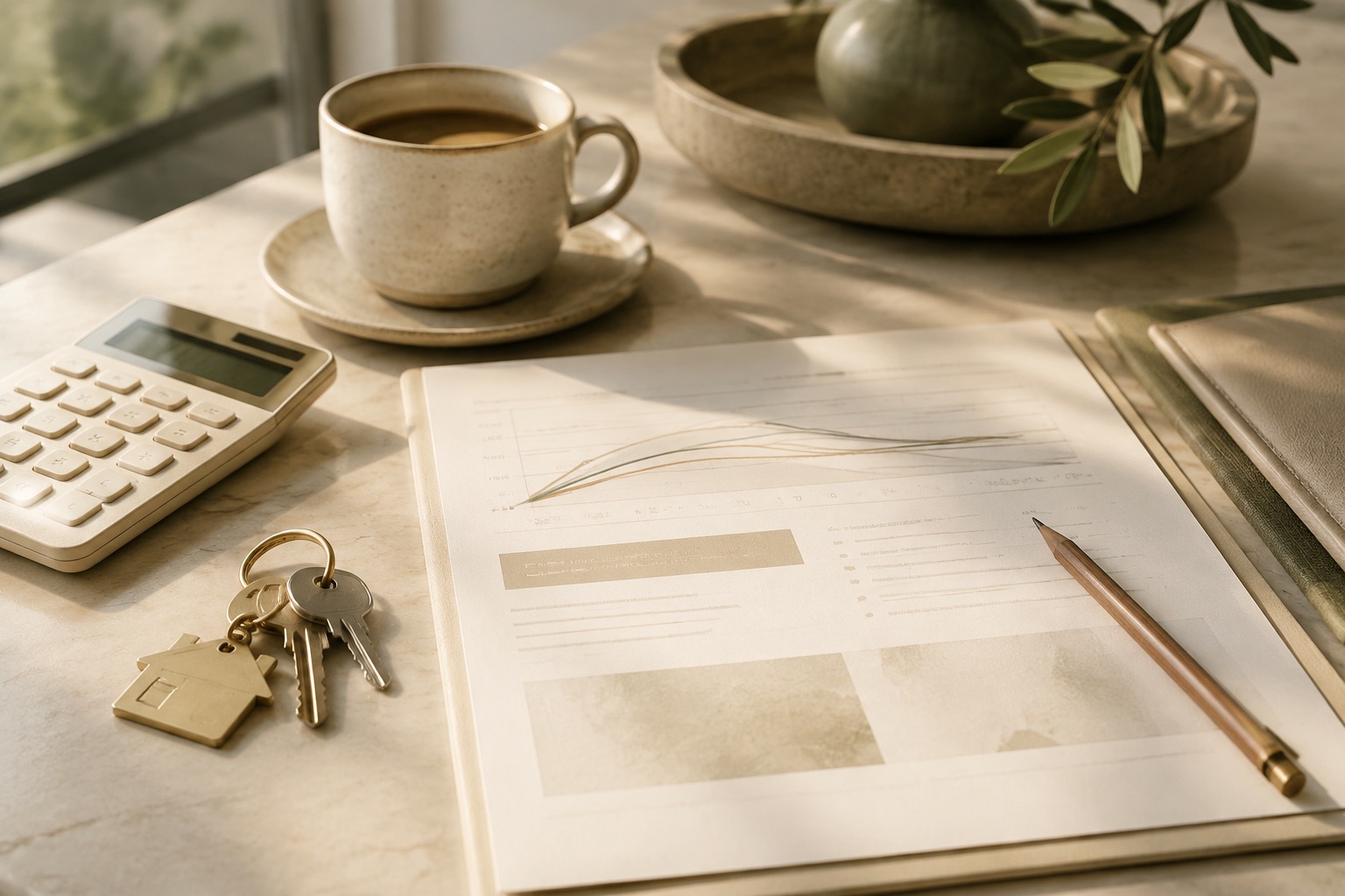 Mortgage worksheet, calculator and keys arranged on a sunlit desk