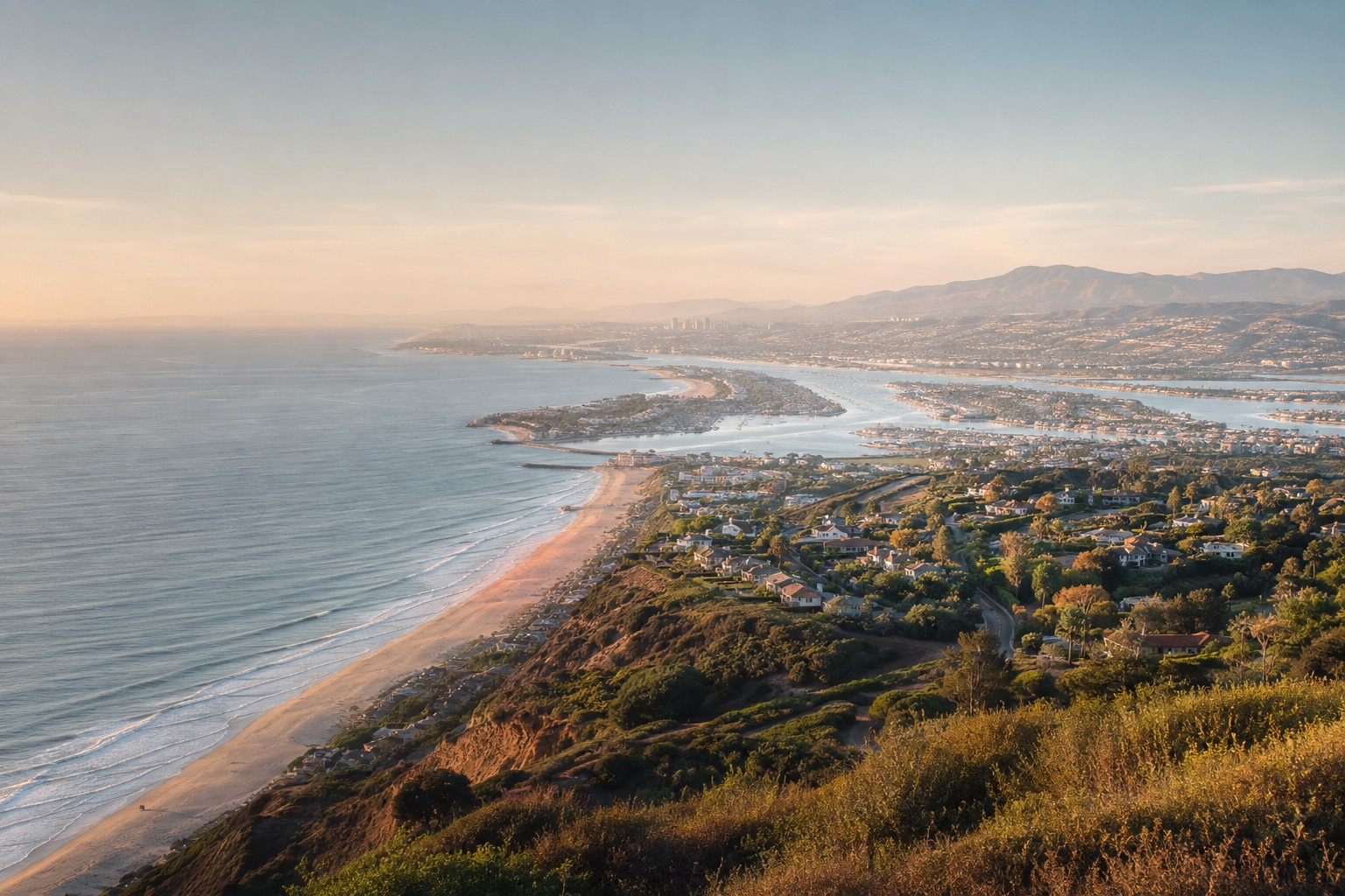 Orange County coastline, harbor and inland hills in morning light