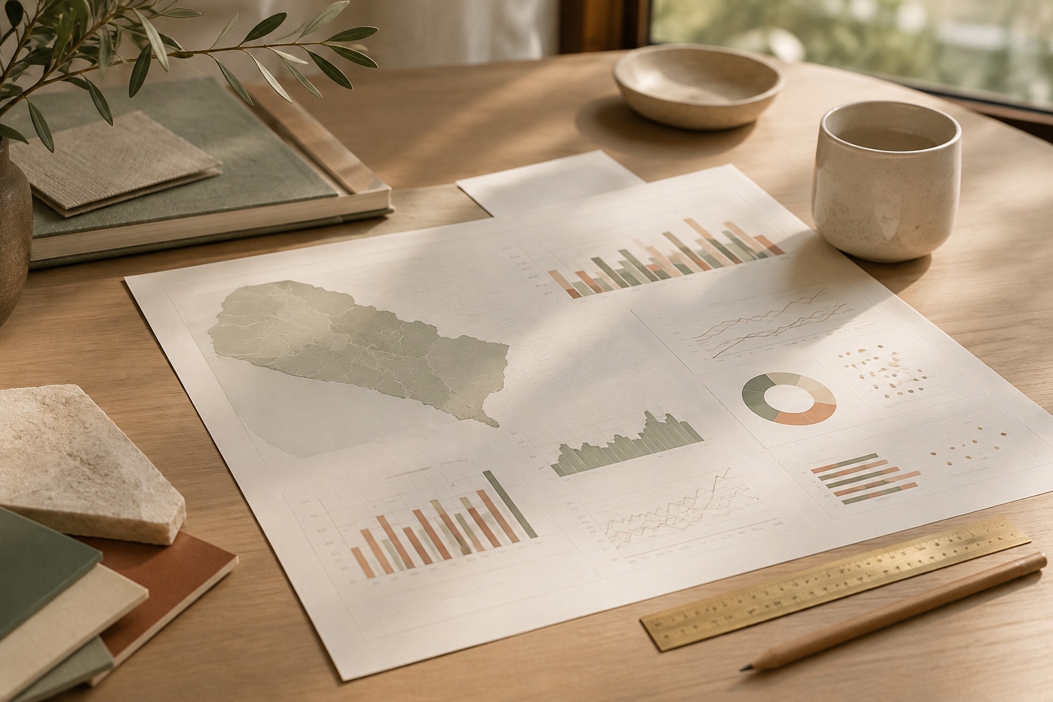 Orange County housing market charts and a regional map on a sunlit desk