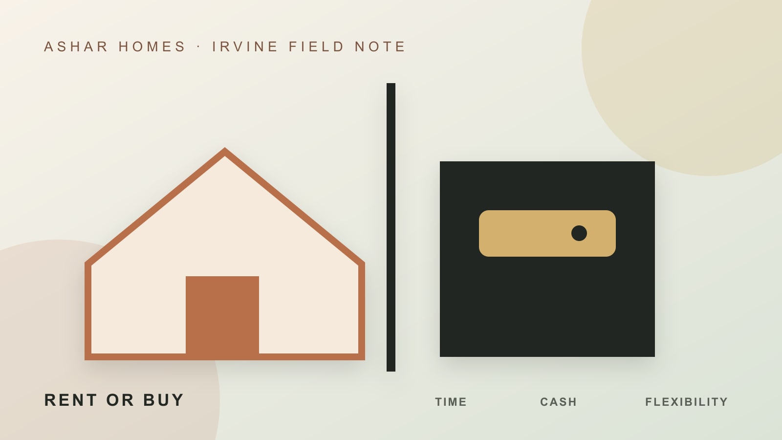 Editorial split comparison of renting and buying with time, cash, and flexibility scales