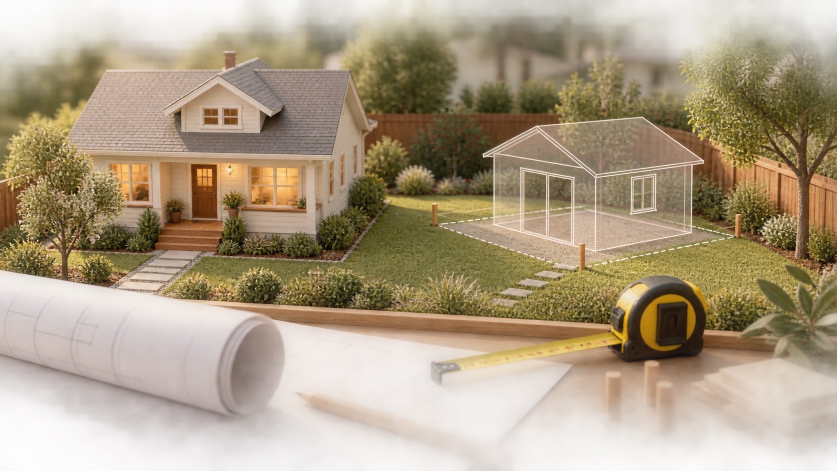 Illustrated main house and outlined backyard cottage showing an accessory dwelling unit concept, not an approved plan