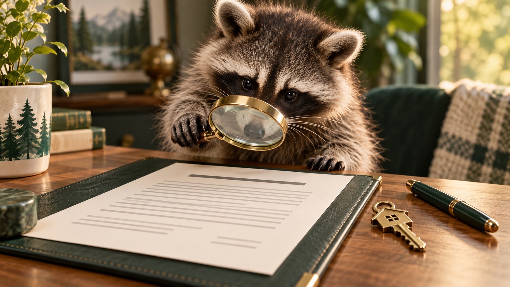 Illustrated raccoon inspecting a blank buyer-agent agreement with a magnifying glass
