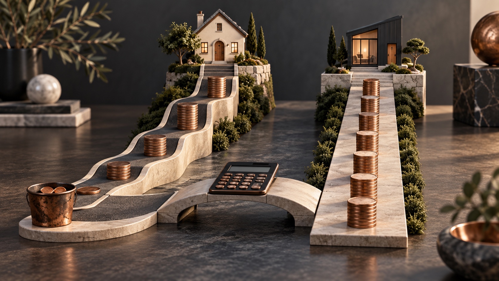 Illustrated fork in a path toward homes with different coin arrangements, representing mortgage pricing choices