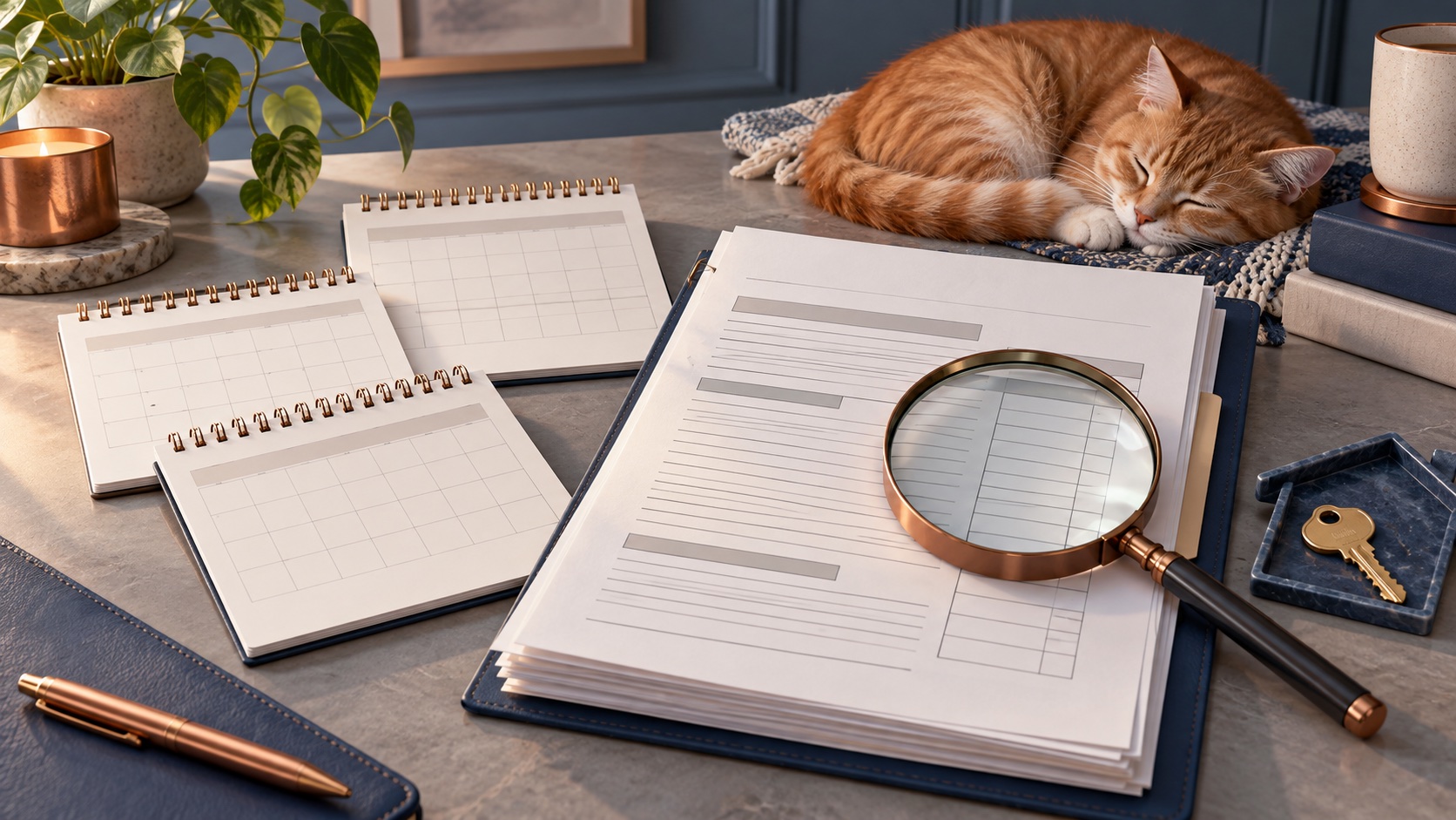 Illustrated closing documents, calendar pages, and a sleeping cat emphasizing a careful final review