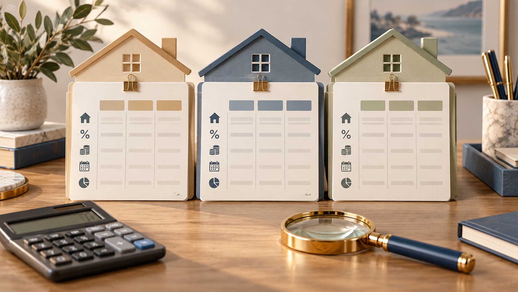 Illustrated house-shaped loan folders beside a calculator, ready for a side-by-side mortgage comparison
