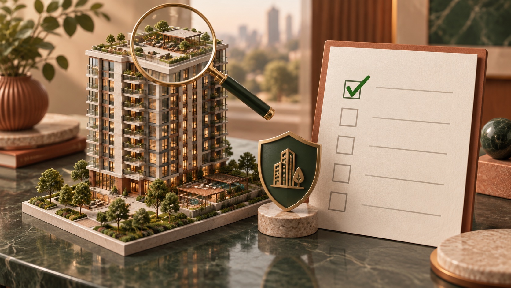 Illustrated condominium model beside a checklist and financing shield