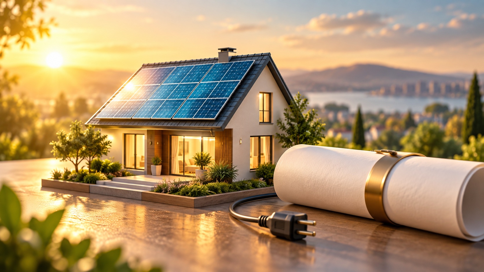 Illustrated solar-roof home, contract scroll, and electric plug representing ownership questions