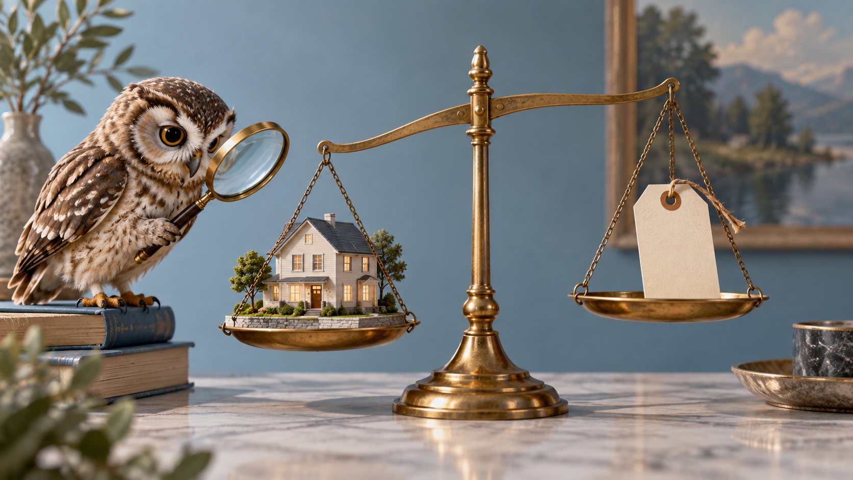Illustrated owl examining a house and price tag on a balance scale