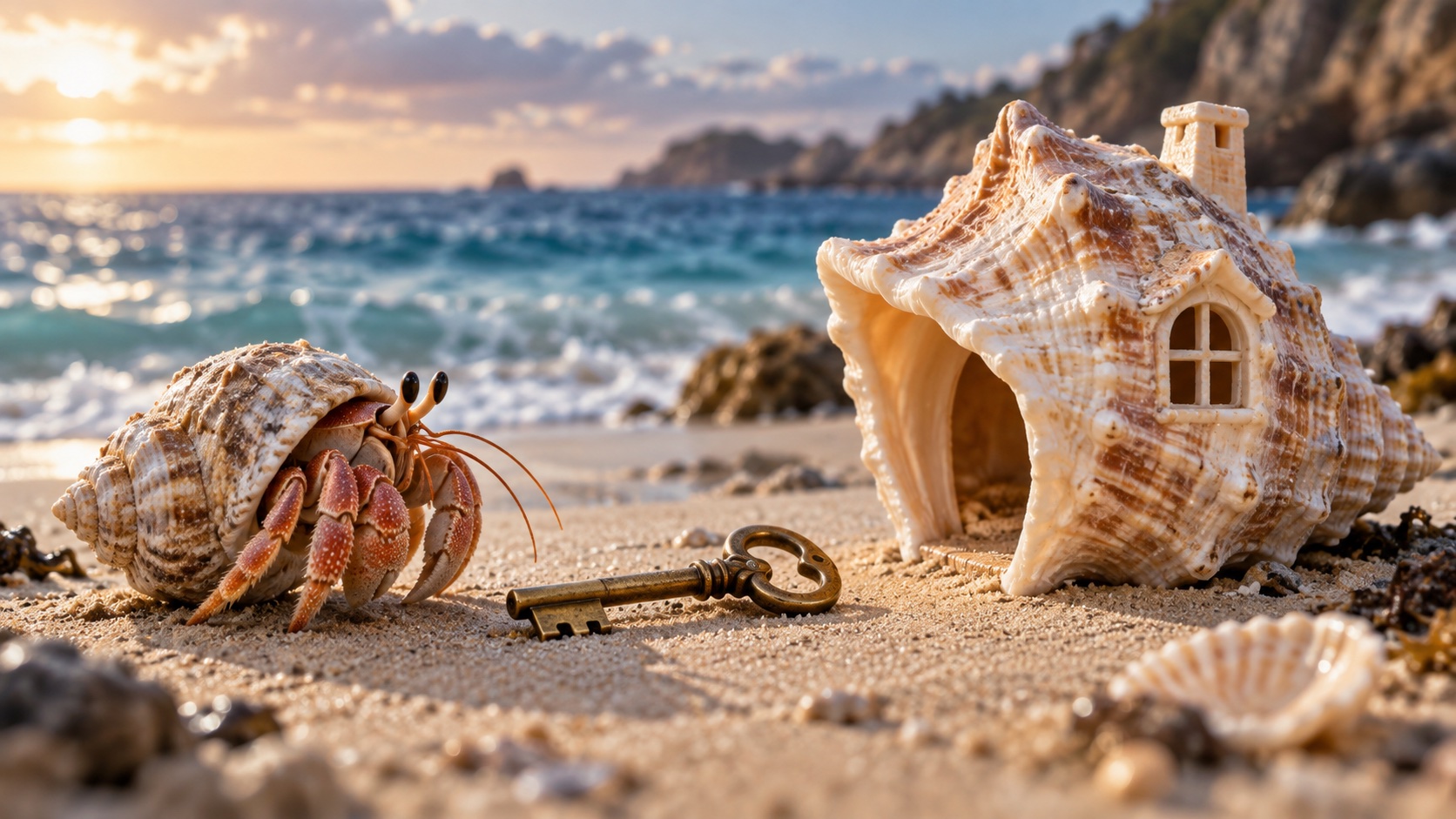 Illustrated hermit crab examining a house-shaped shell as a metaphor for taking over an existing mortgage