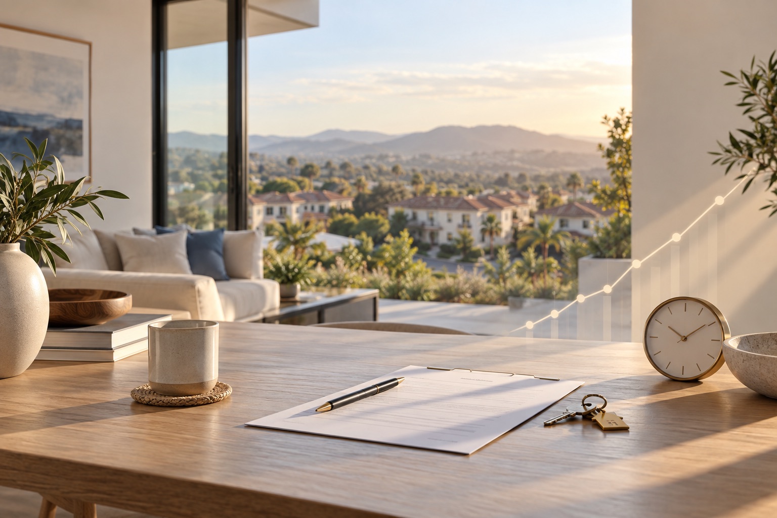 Mortgage paperwork, keys, a clock, and a rising rate line in a sunlit Orange County home