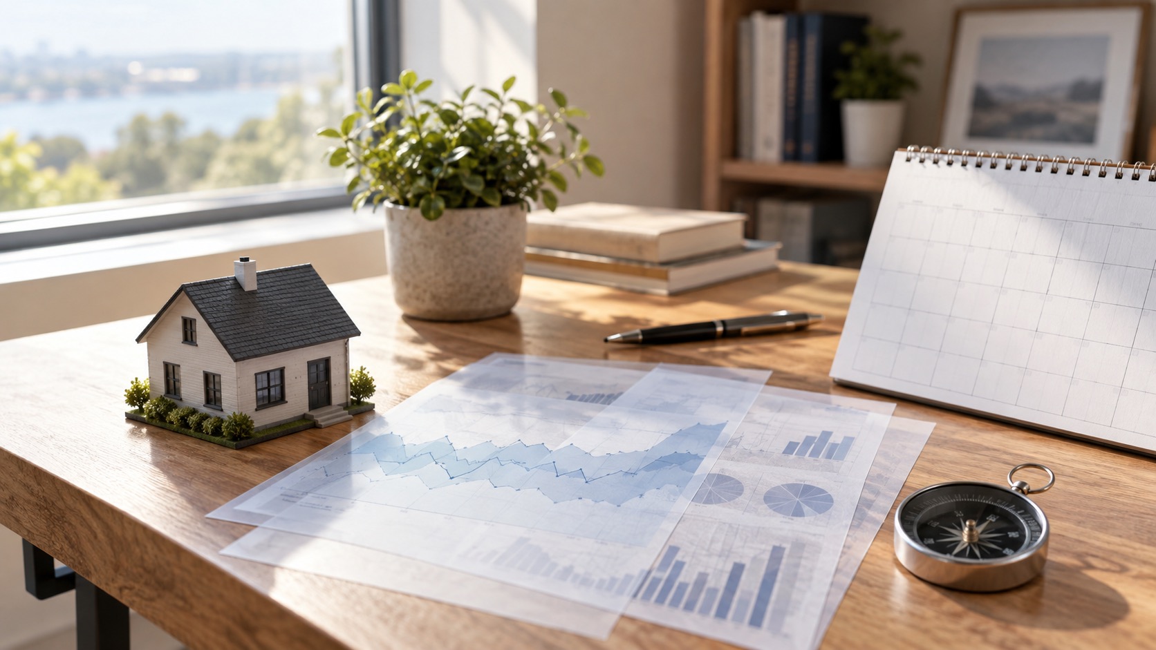 House model, unmarked calendar, compass, and faint abstract forecast charts on a home office desk