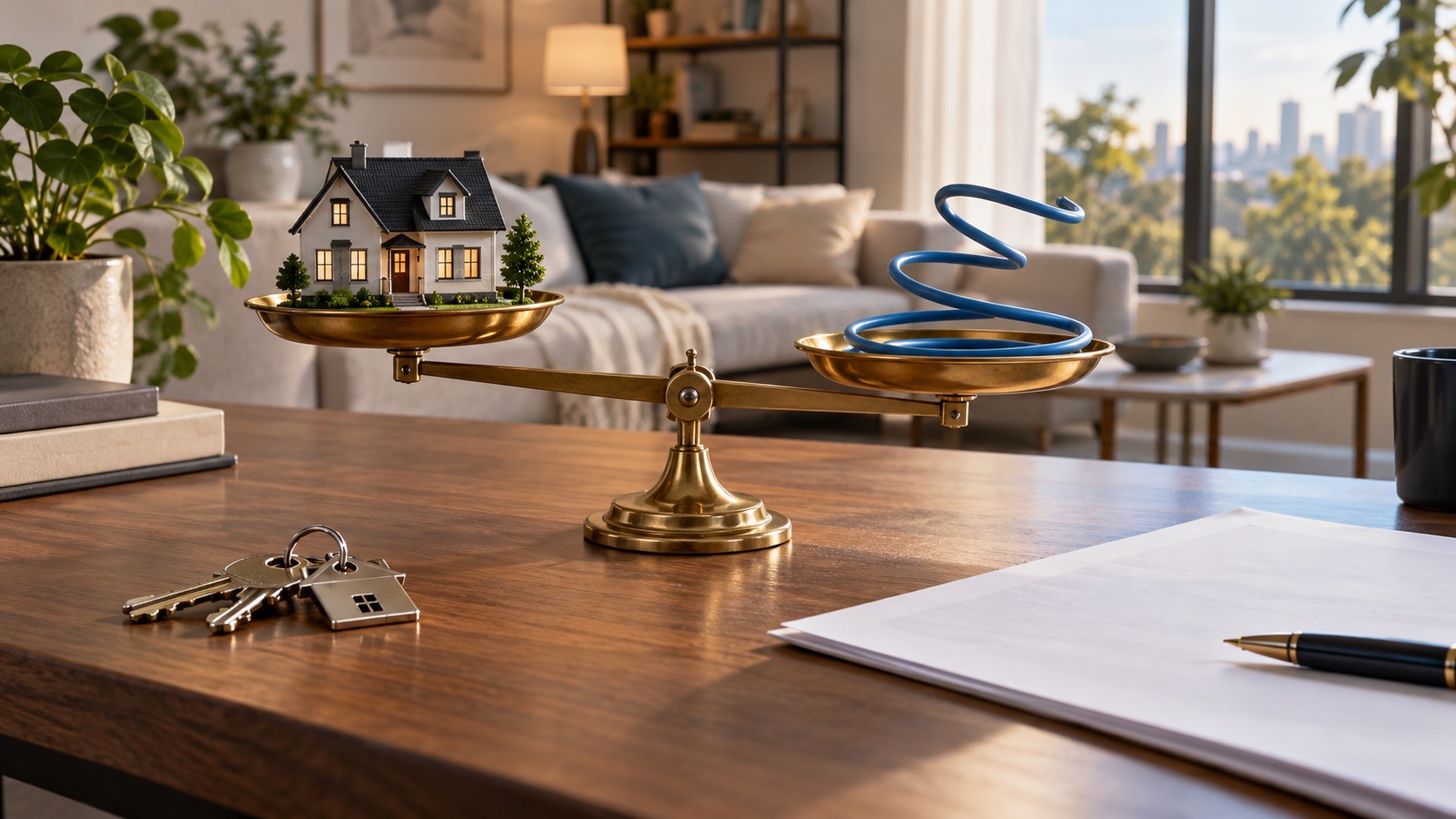 House model balanced against a flexible blue coil on a brass scale, with keys on a living room desk