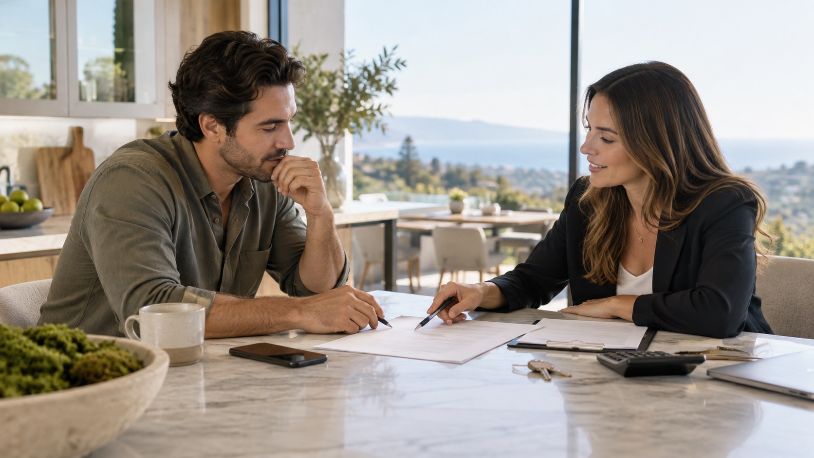A home buyer and adviser discussing mortgage paperwork