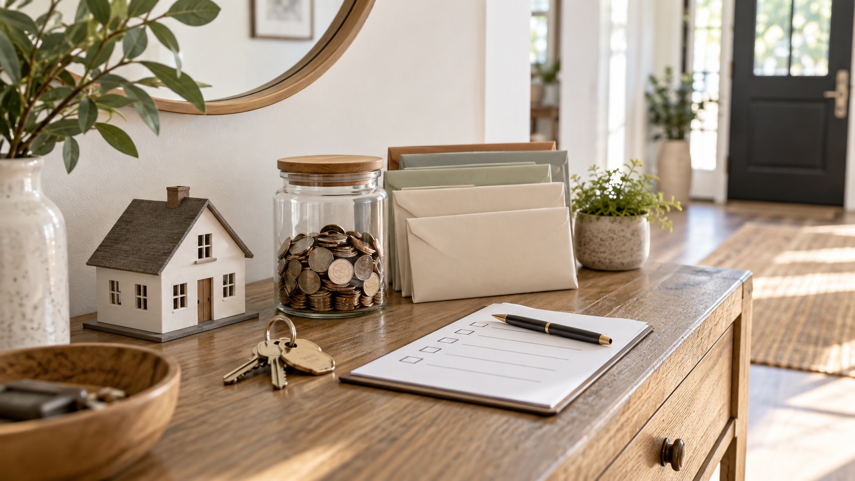 House model, keys, savings jar, envelopes, and a blank household checklist on a bright entry table