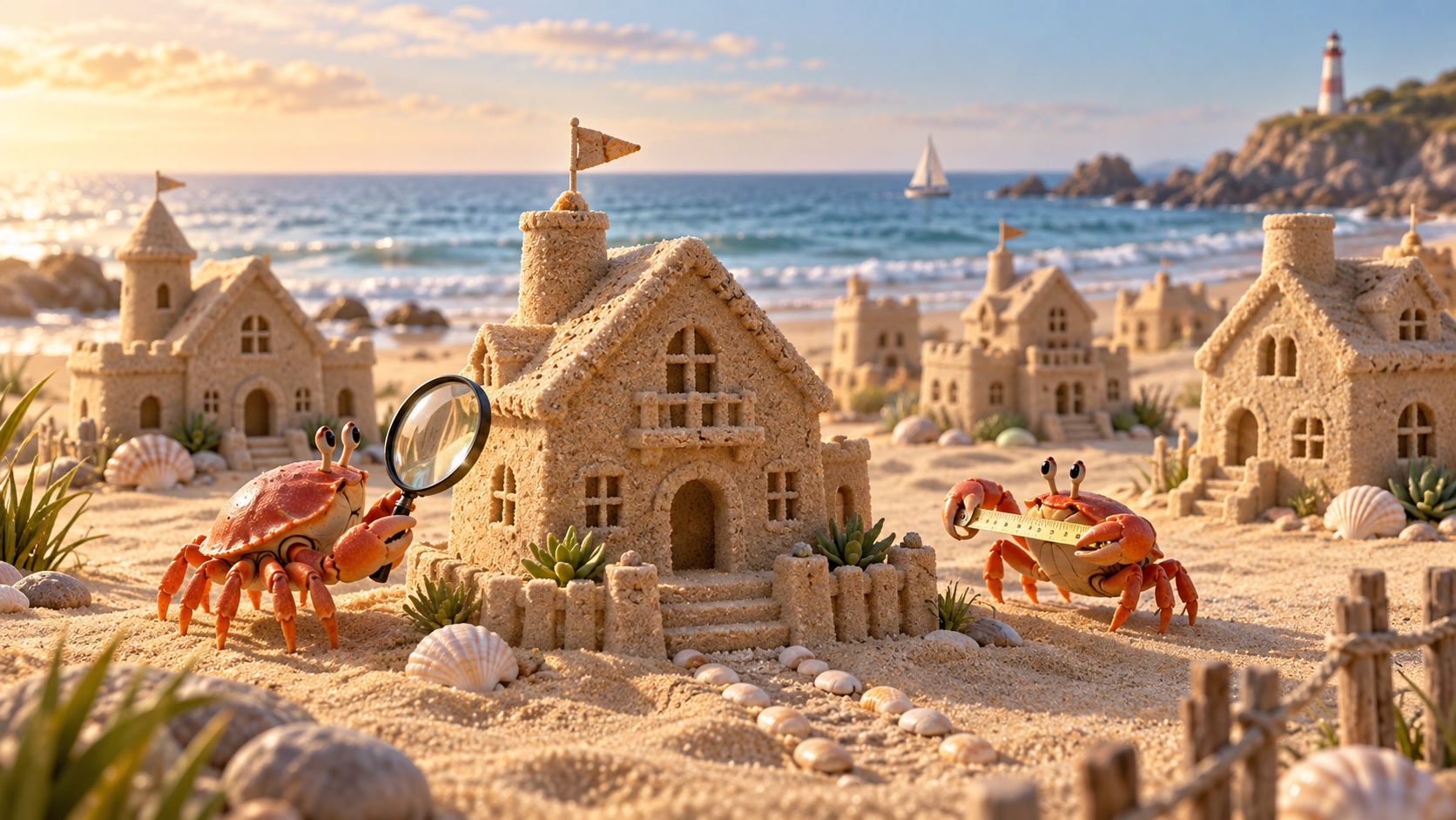 Playful illustration of crabs comparing sandcastle homes on a beach
