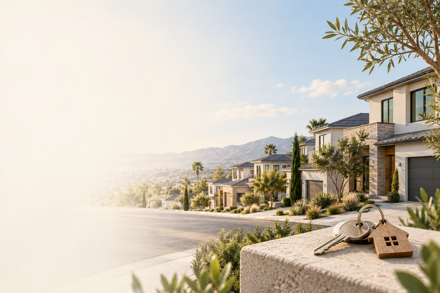 New-construction homes in a sunny Southern California neighborhood with house keys in the foreground