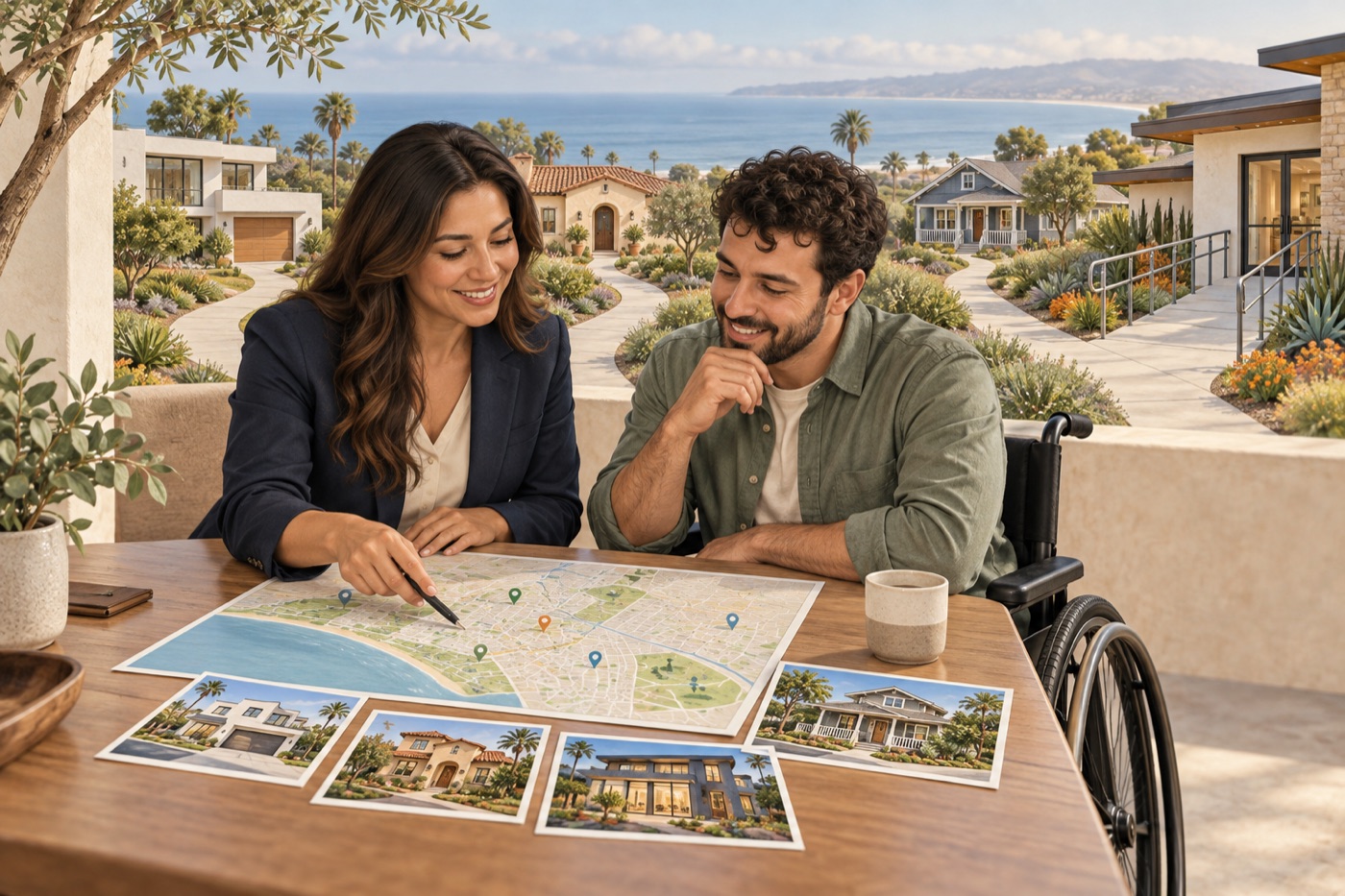 An Orange County home seeker who uses a wheelchair receiving attentive, property-focused guidance around a neighborhood map