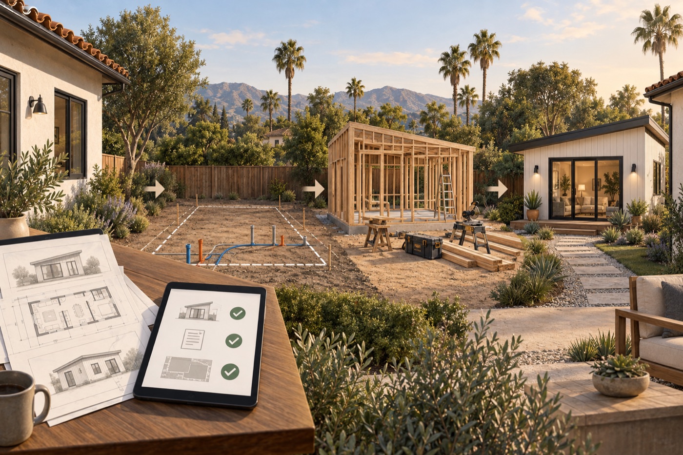 A clear sequence from an accessory-home plan through site review and construction to a finished Orange County backyard home