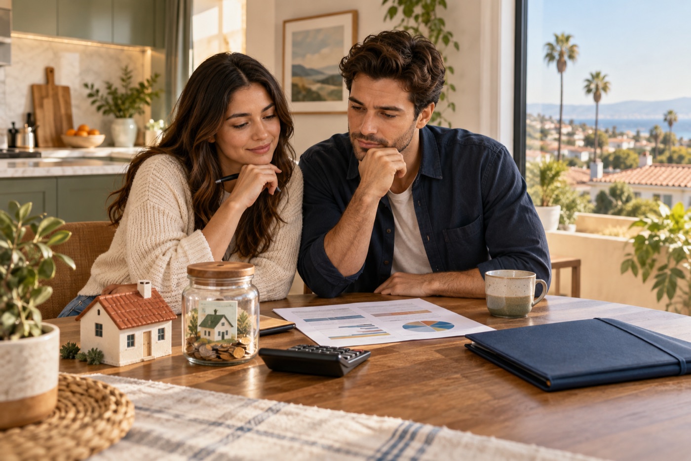 First-time Orange County buyers comparing a down-payment plan while keeping a retirement folder separate